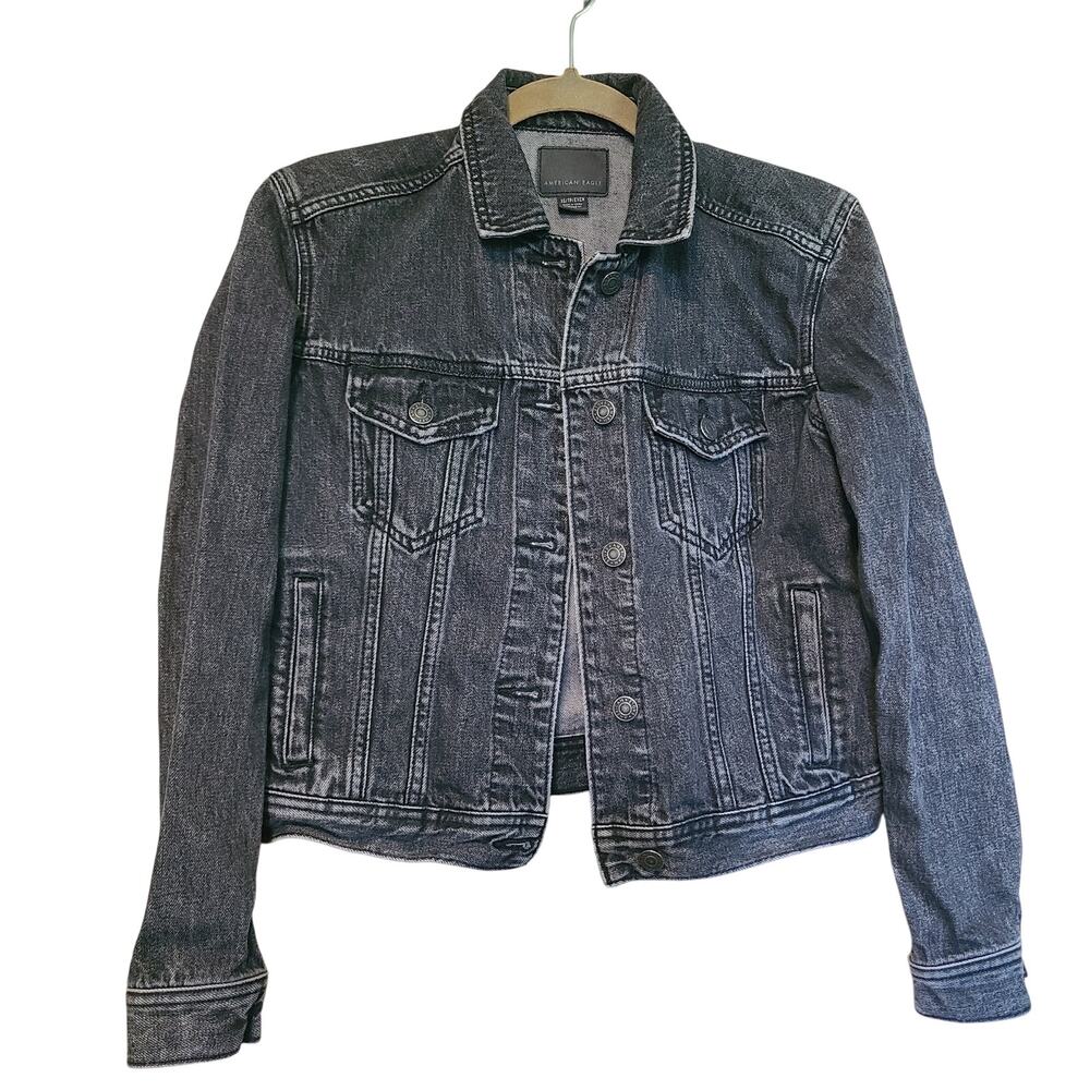 American Eagle Denim Jean Jacket Womens XS 100% Cotton Black Wash Boxy Fit Layer